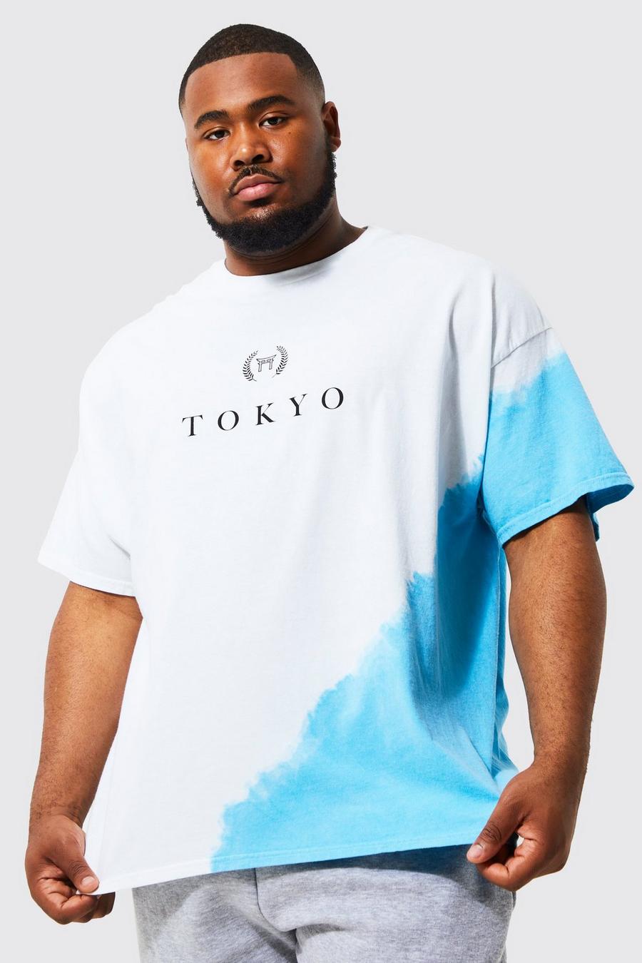 T-shirt Plus Size in fantasia tie dye con stampa Tokyo, White