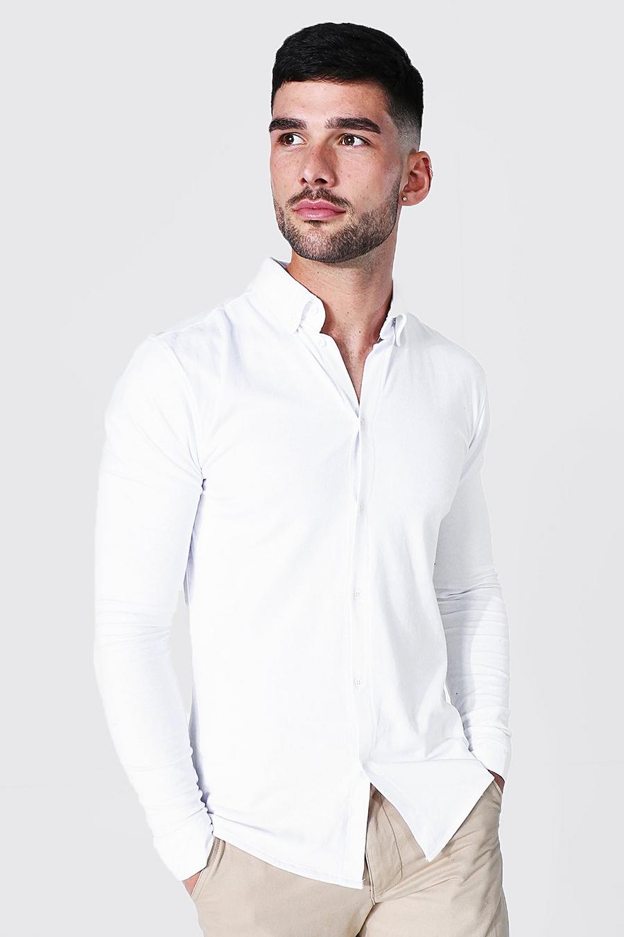 Camisa de manga larga y tela jersey ajustada al músculo, White