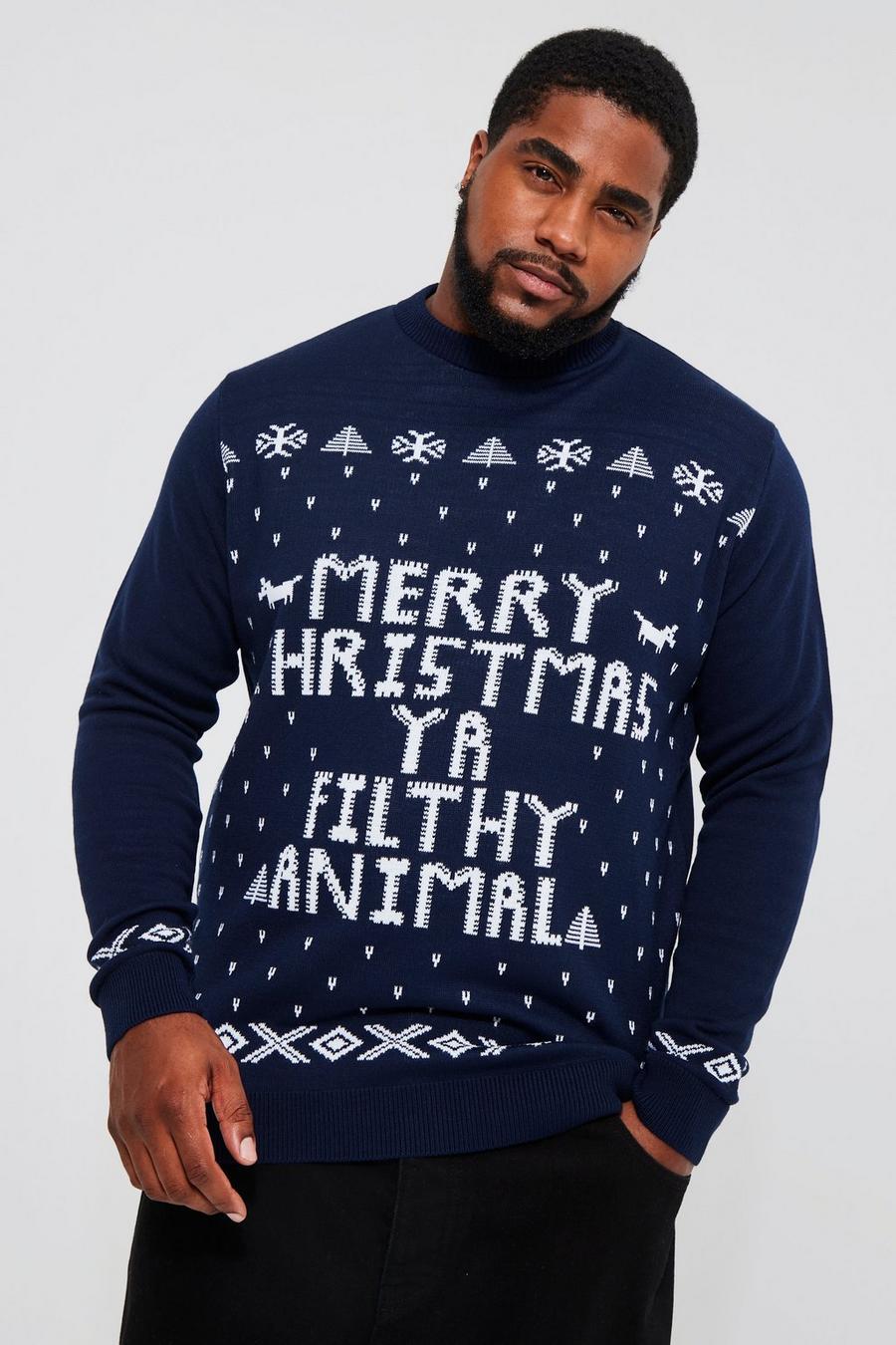 Grande taille - Pull de Noël à slogan Ya Filthy Animal, Navy image number 1