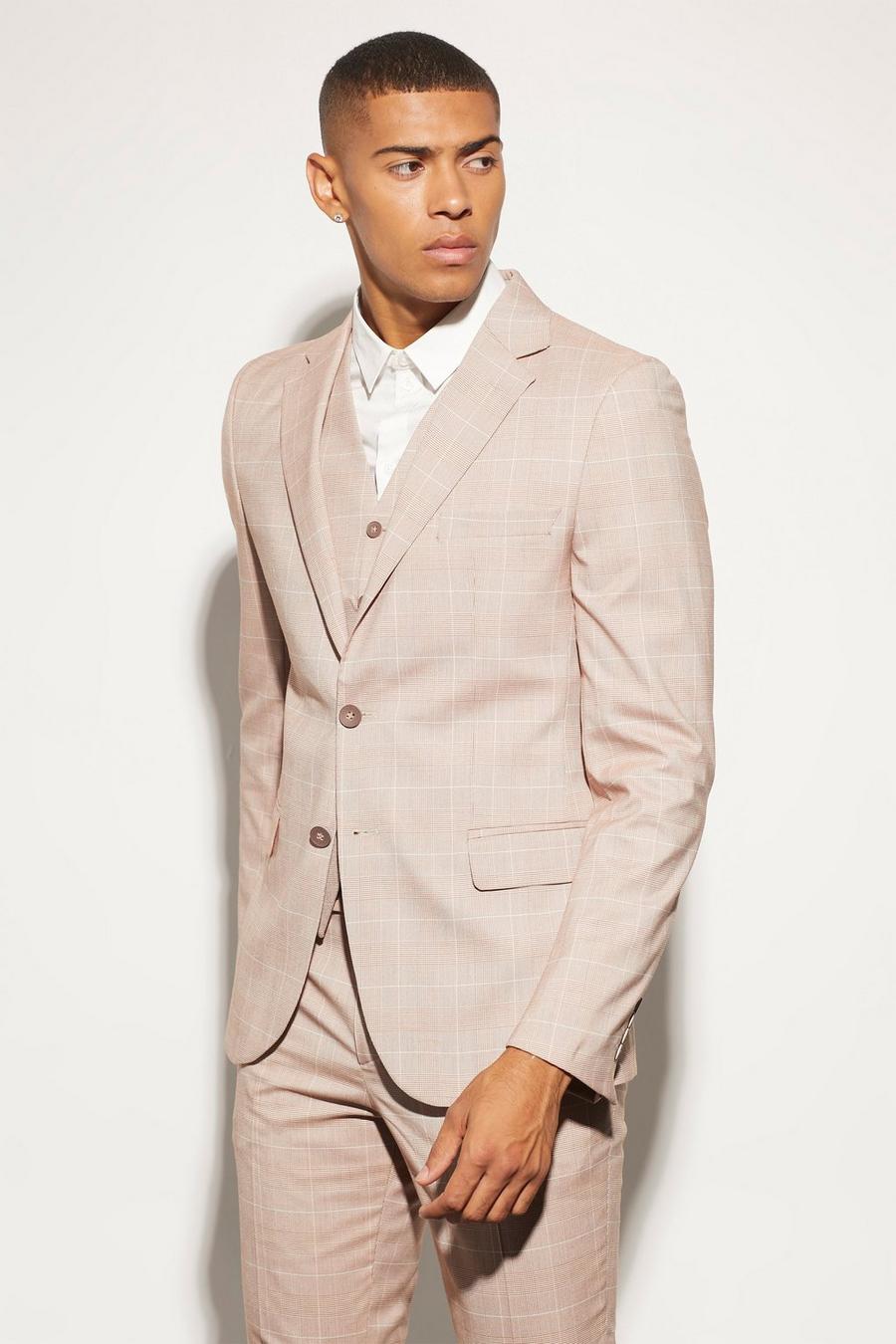 Orange Skinny Single Breasted Check Suit Jacket