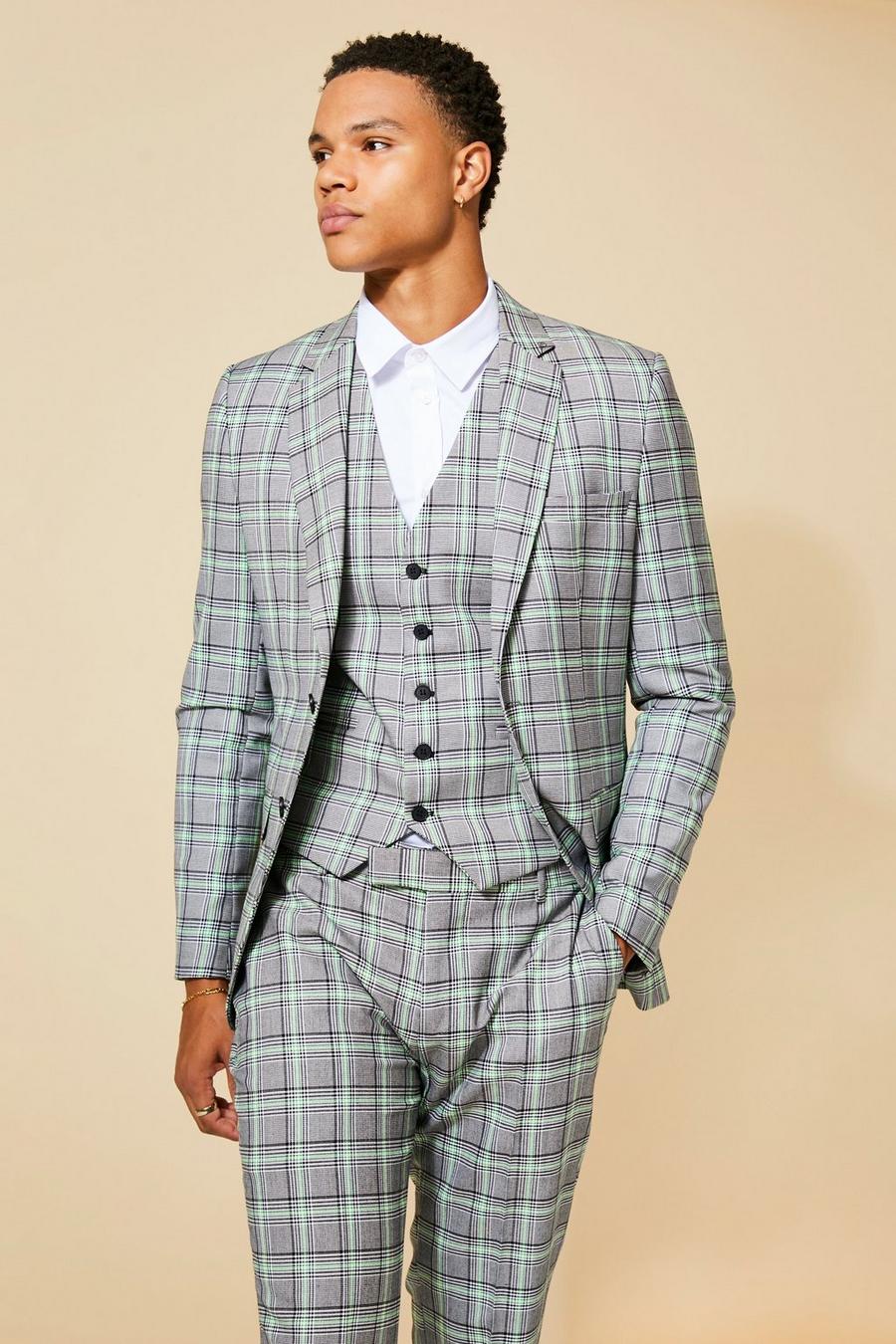 Neon-green Slim Single Breasted Neon Check Suit Jacket