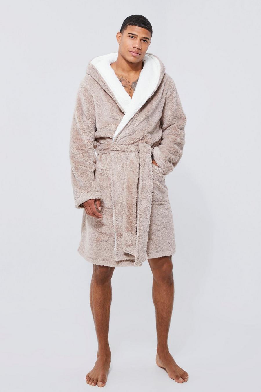 Taupe Borg Lined Hooded Dressing Gown 