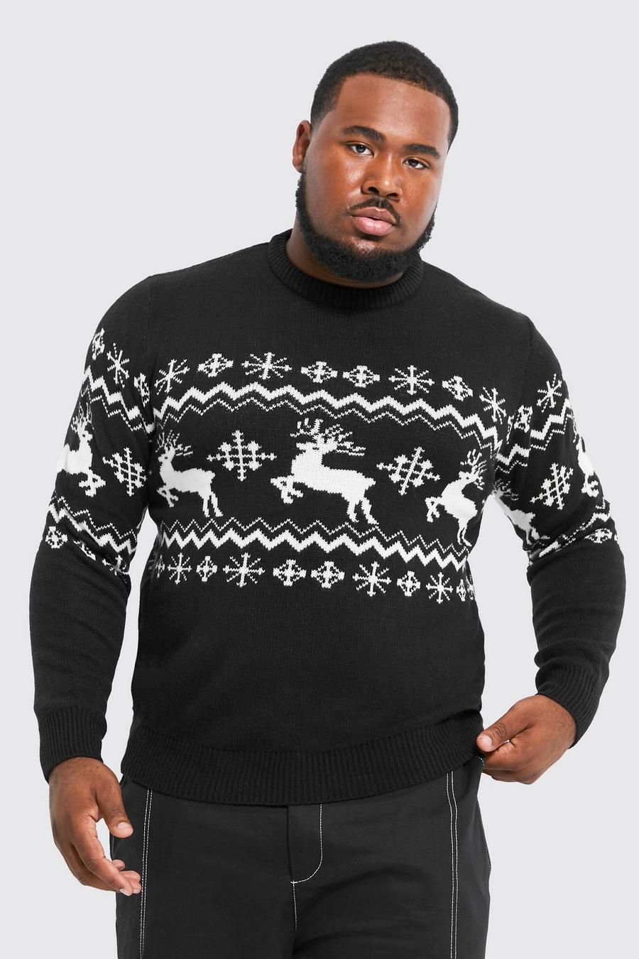 Maglione natalizio Plus Size con renne, pannelli e motivi Fairisle, Black