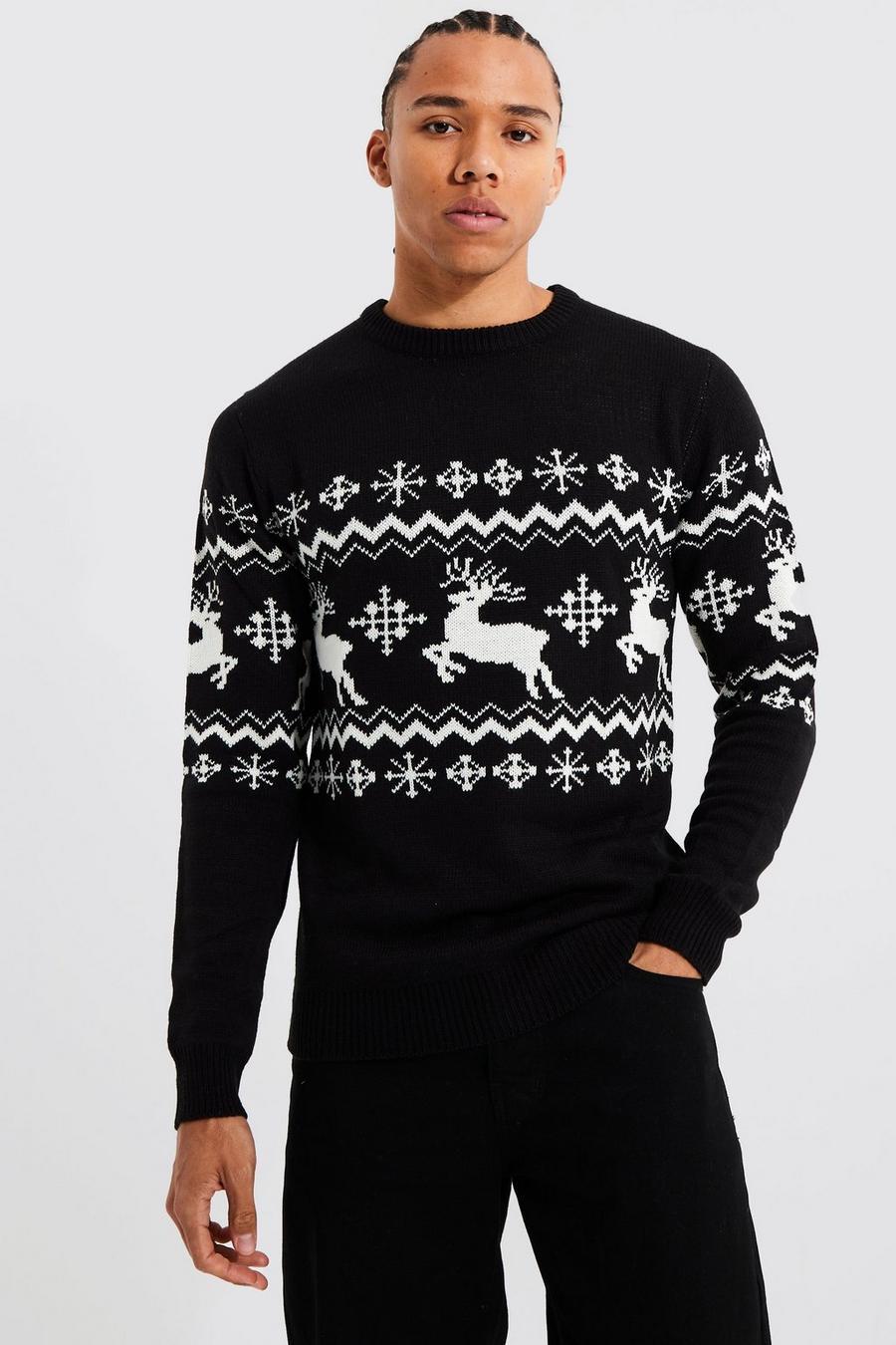 Black Tall Reindeer Fairisle Panel Christmas Jumper