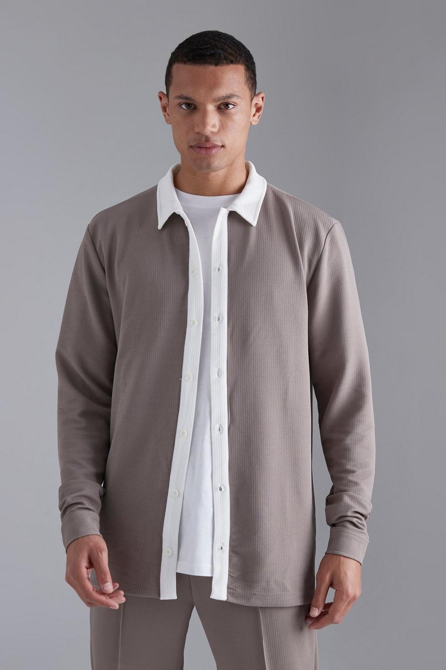 Taupe Tall Long Sleeve Jersey Textured Shirt image number 1