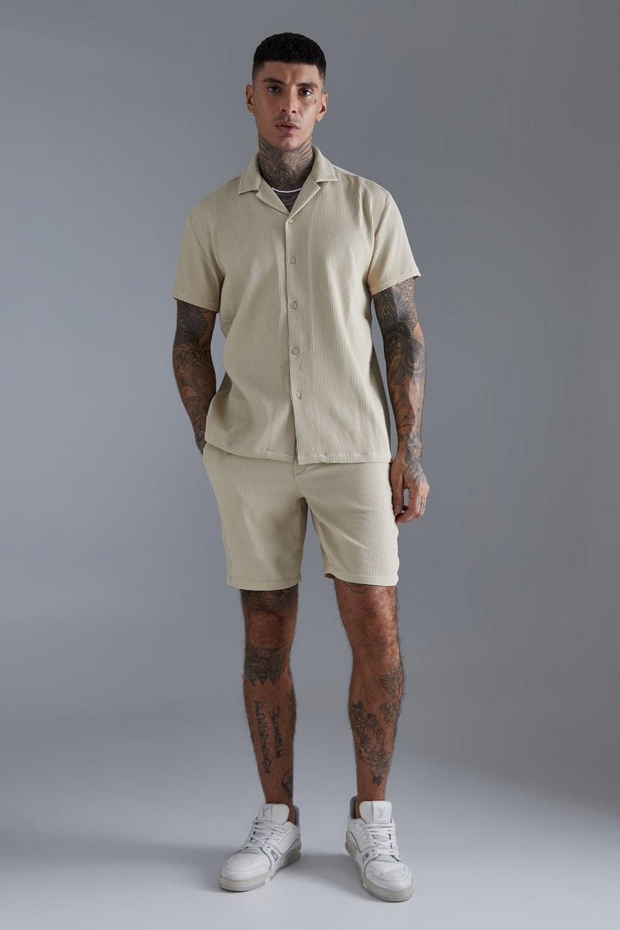 Taupe Pleated Short Sleeve Oversized Shirt And Short Set