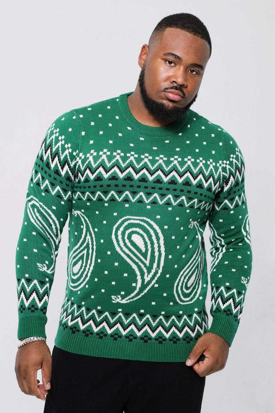 Pullover natalizio Plus Size in maglia in fantasia cachemire con motivi Fairisle, Green