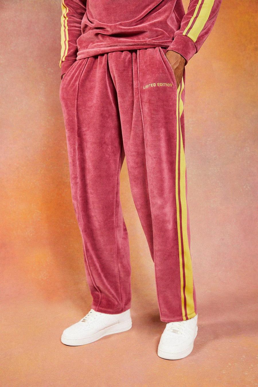 Mauve Wide Leg Velour Pintuck Jogger With Tape