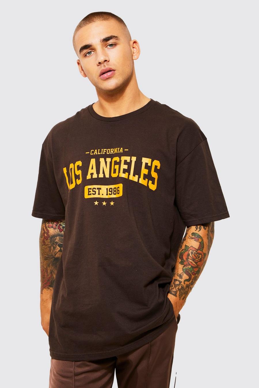 Camiseta oversize con estampado gráfico universitario LA, Chocolate