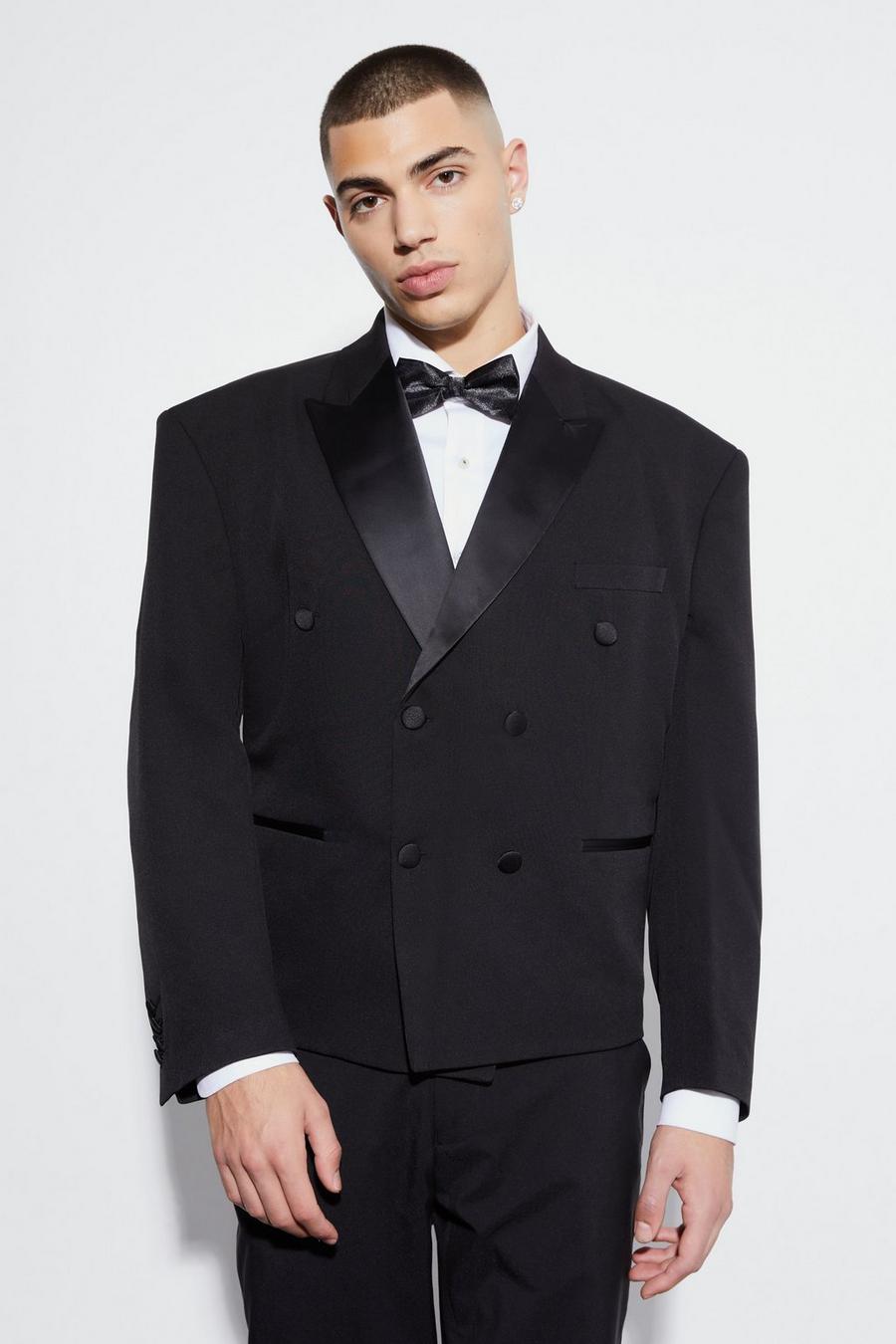 Black Boxy Double Breasted Tuxedo Suit Jacket