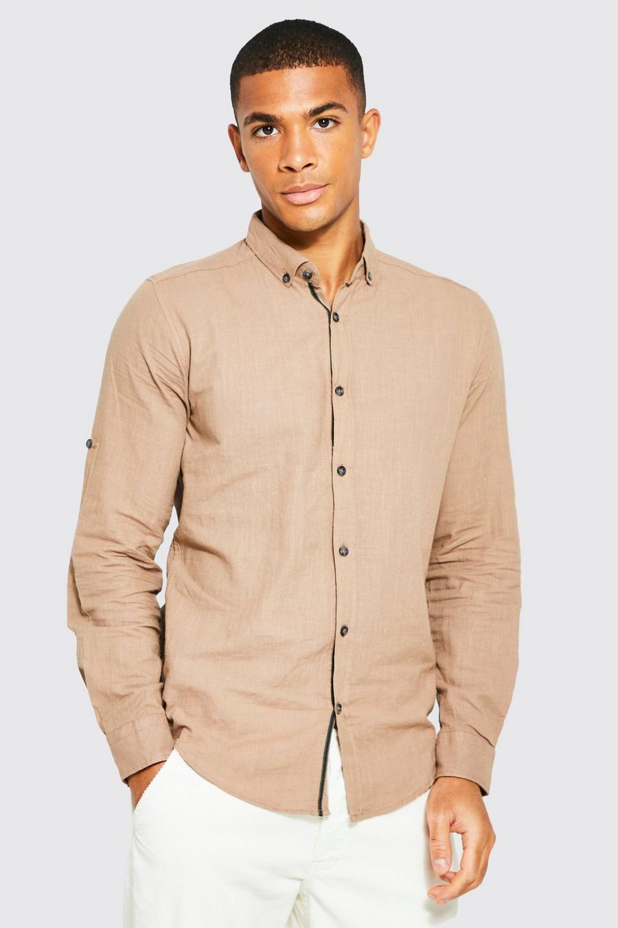 Stone Plain Cotton Long Sleeve Shirt   