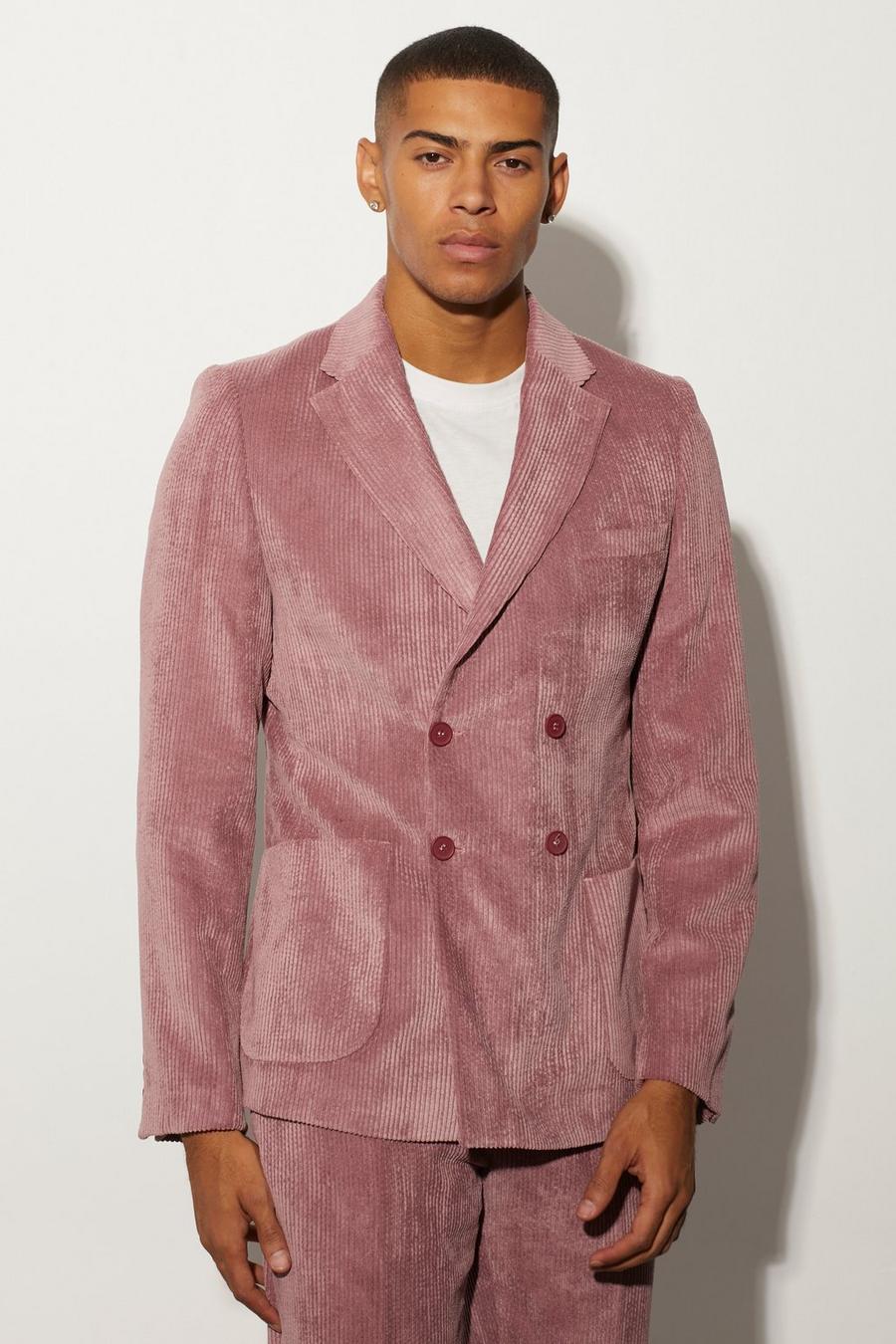 Pale pink Slim Double Breasted Cord Suit Jacket