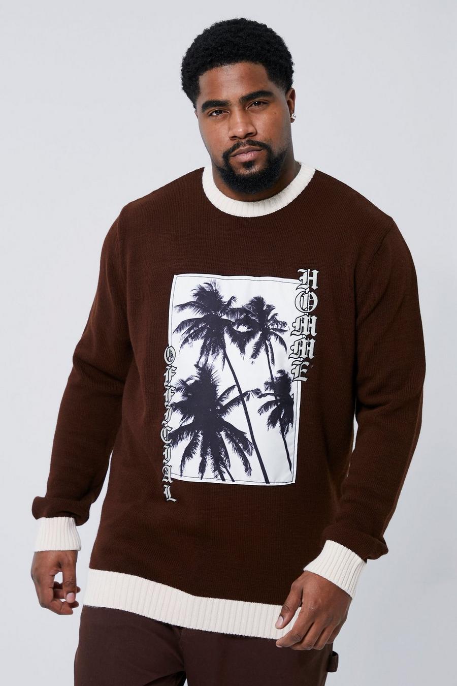 Pullover Plus Size Homme in maglia con palme, Chocolate