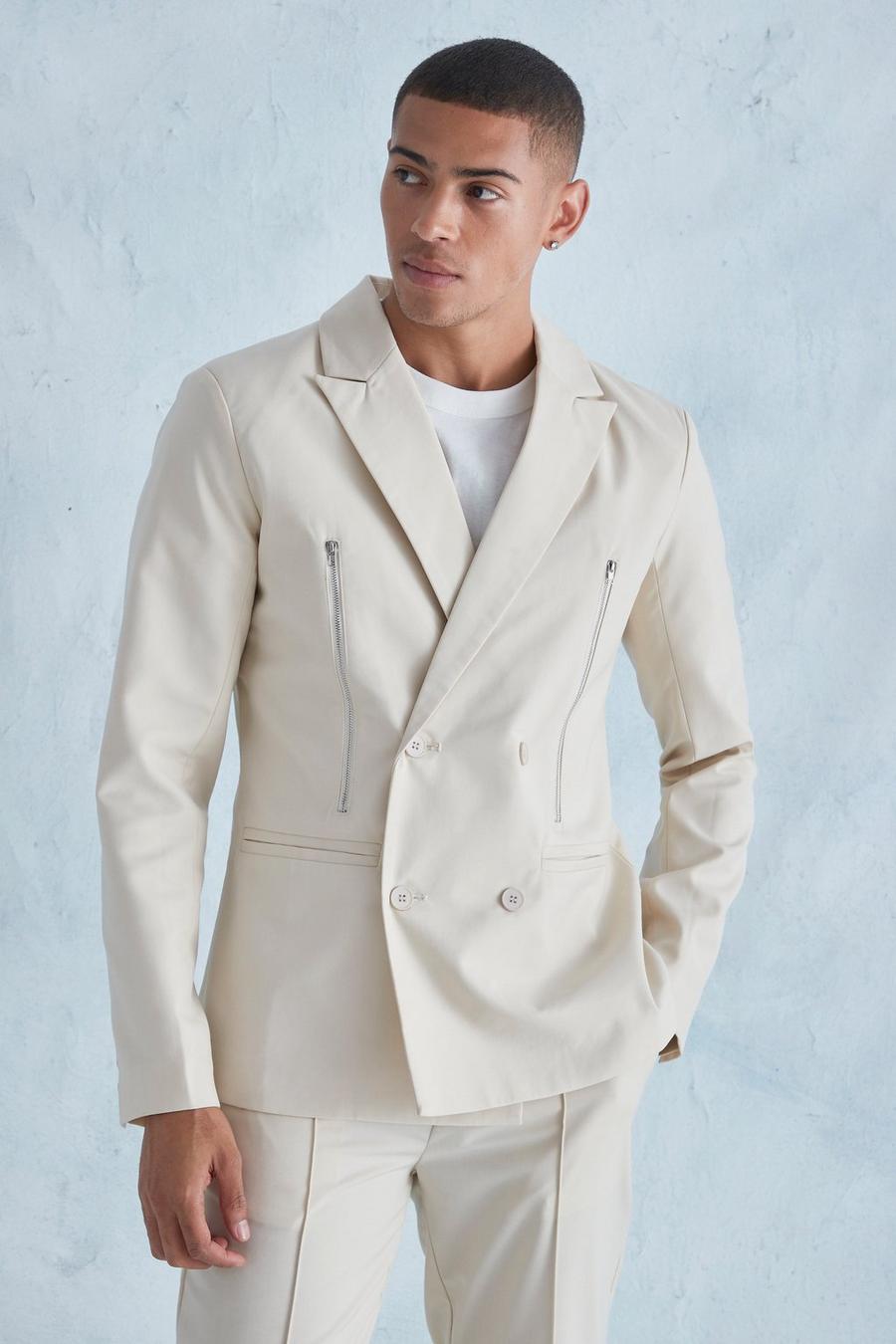 Ecru Slim Fit Double Breasted Zip Suit Jacket