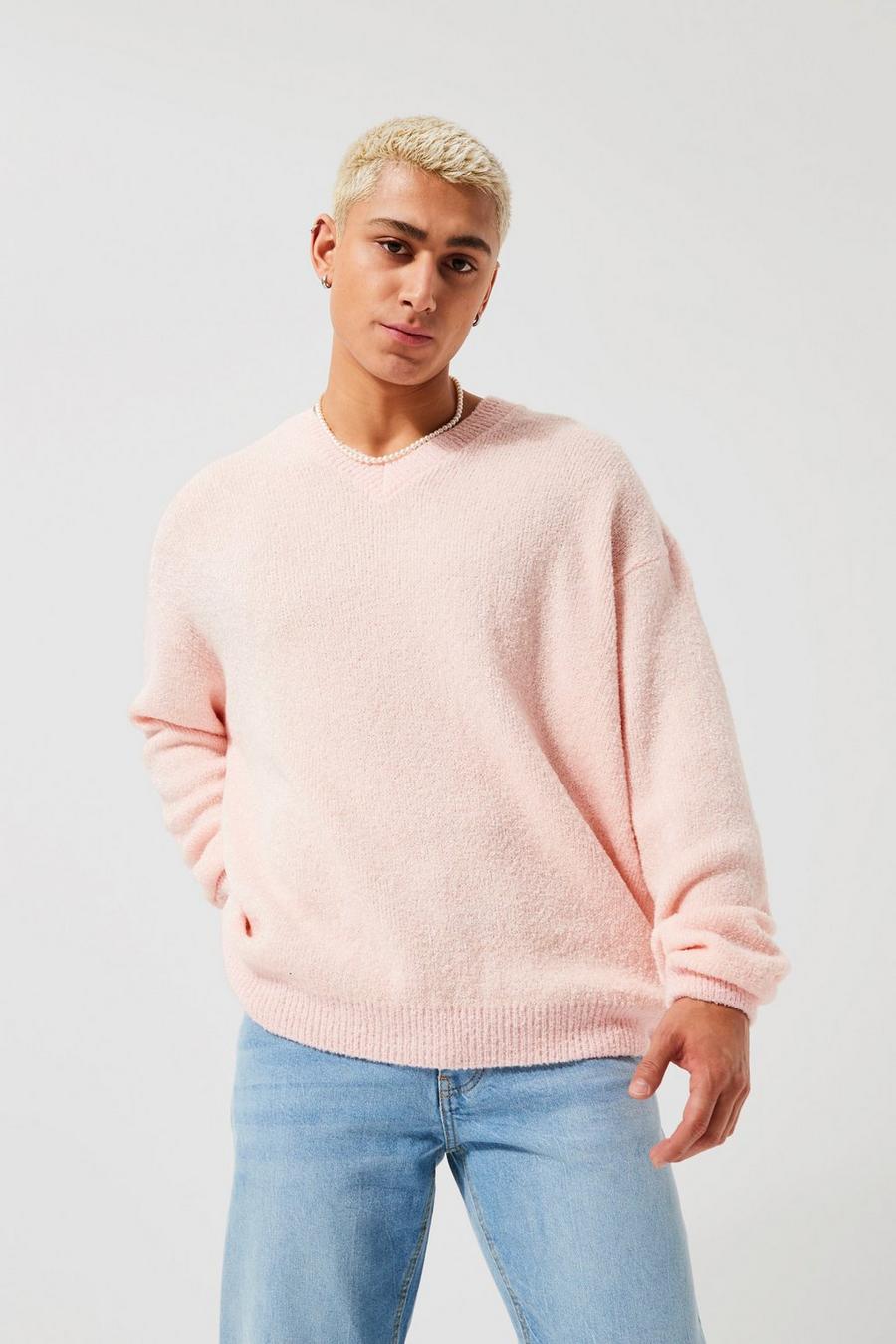 Oversize Bouclee Pullover mit V-Ausschnitt, Pale pink