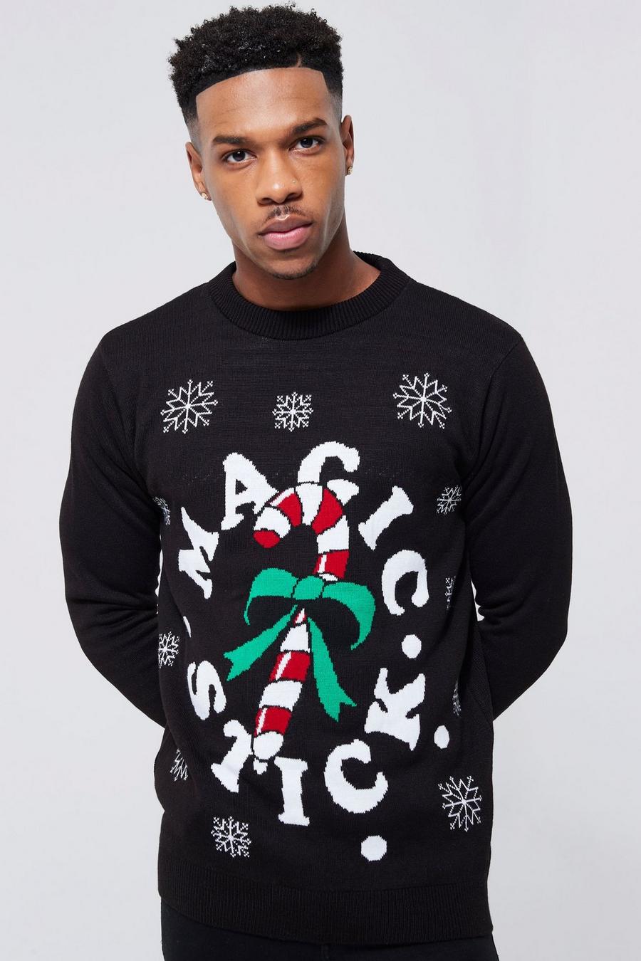 Pullover natalizio con slogan Magic Stick, Black