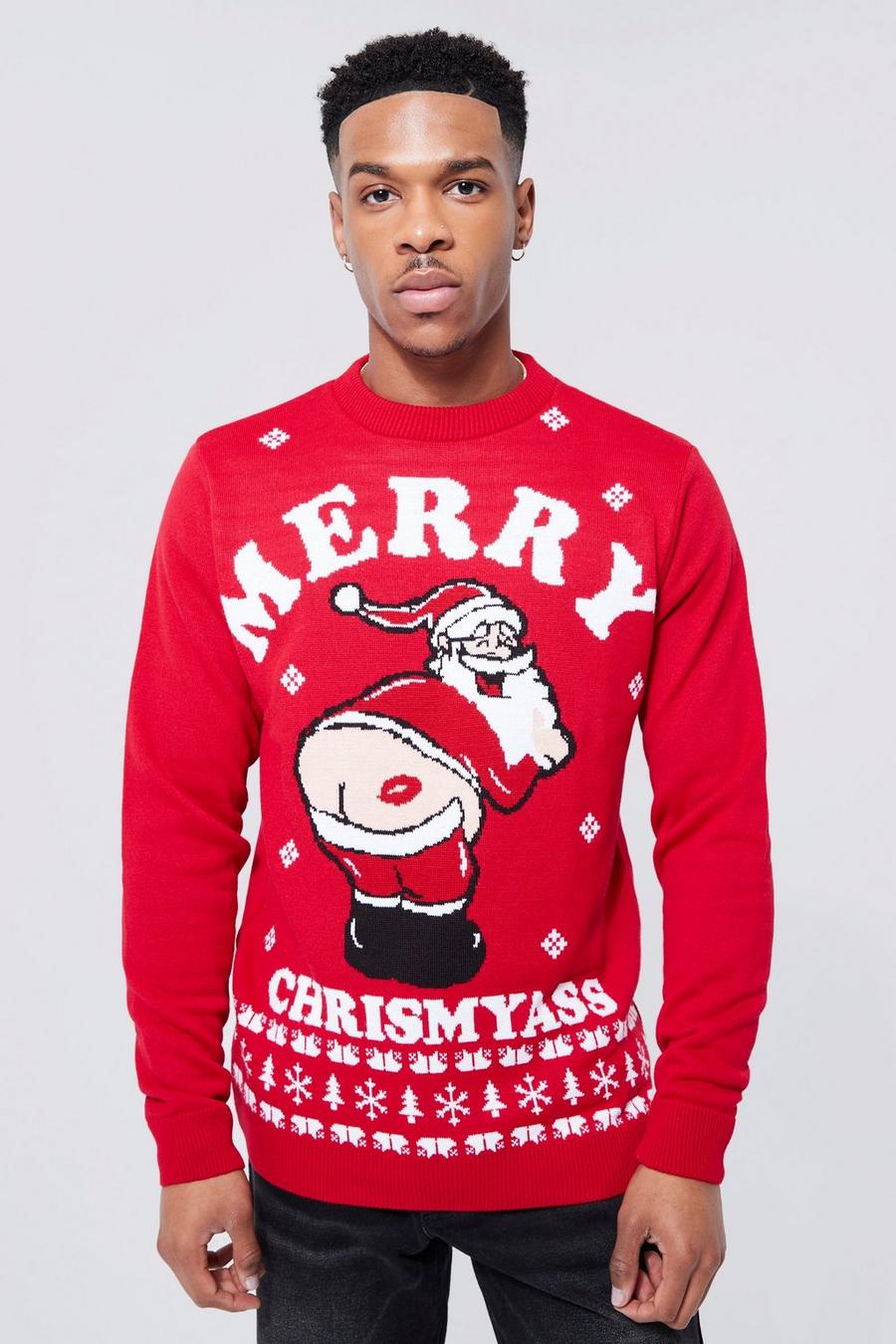 Maglione natalizio con slogan Merry Chrismyass, Red