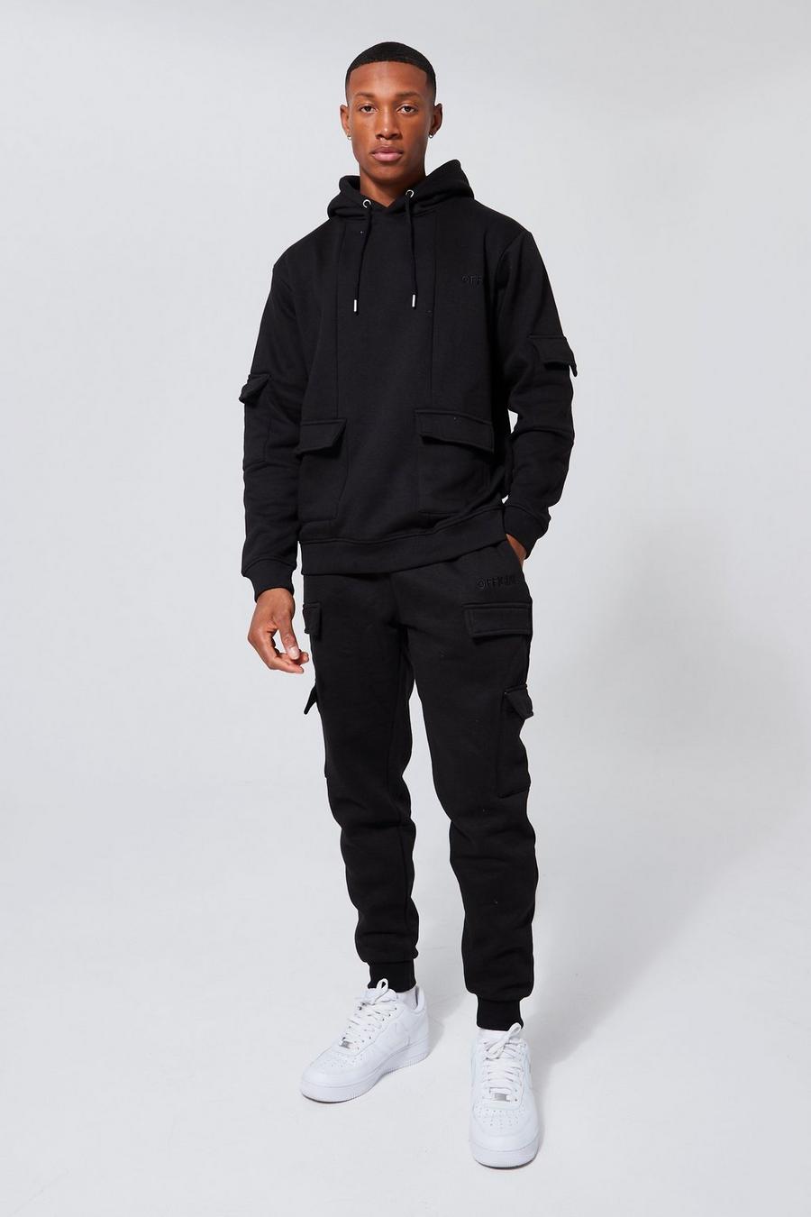 Black Official Man Cargo Hooded Panelled Tracksuit