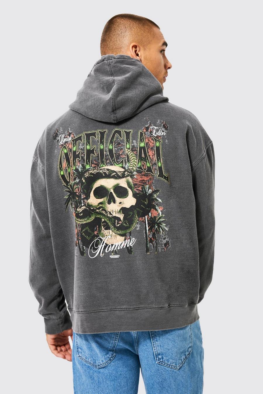 Black Oversized Washed Skull Graphic Hoodie