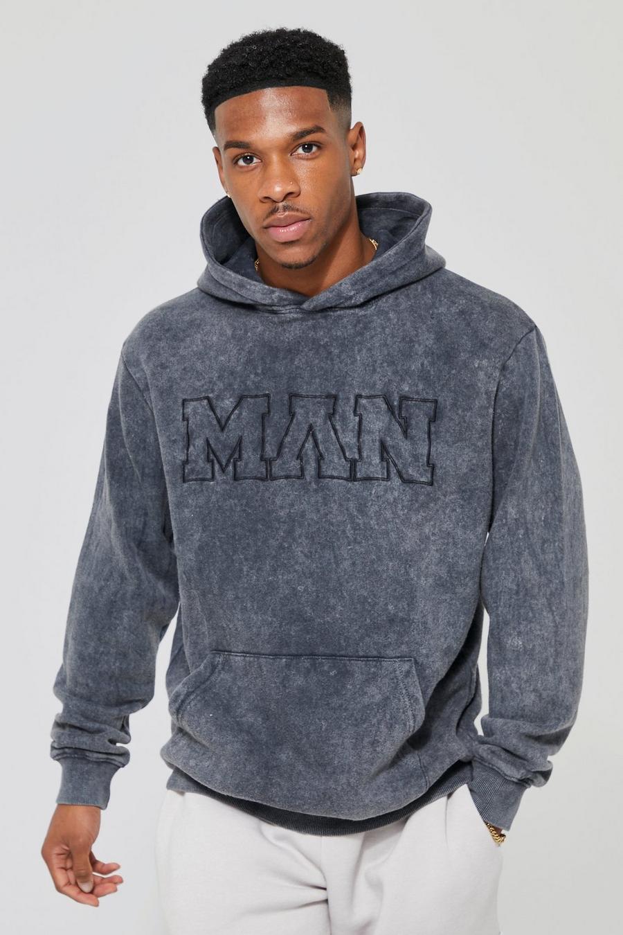 Charcoal Man Washed Keyline Embroidered Hoodie