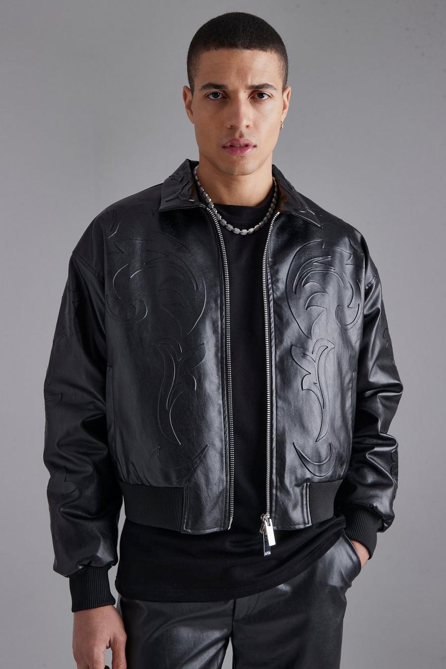 Chaqueta bomber recta de cuero sintético con relieve barroco, Black