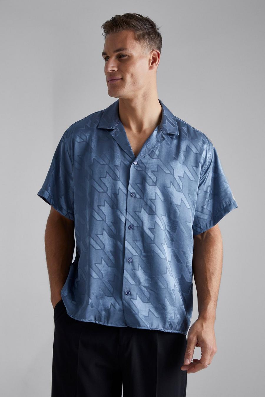 Blue Tall Boxy Dogtooth Jacquard Overhemd