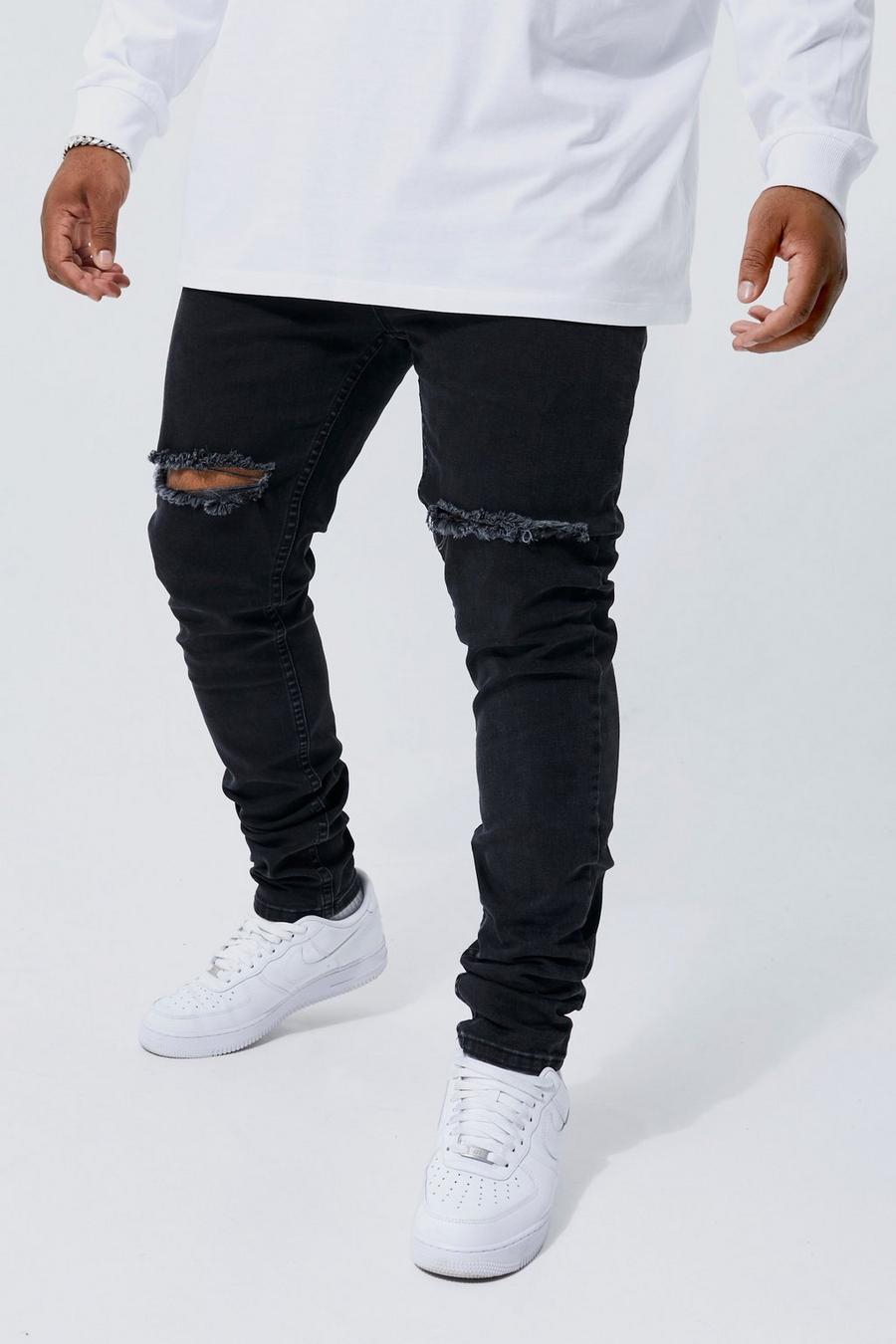 Jeans Plus Size Skinny Fit Stretch con strappi sul ginocchio e pieghe sul fondo, Washed black image number 1