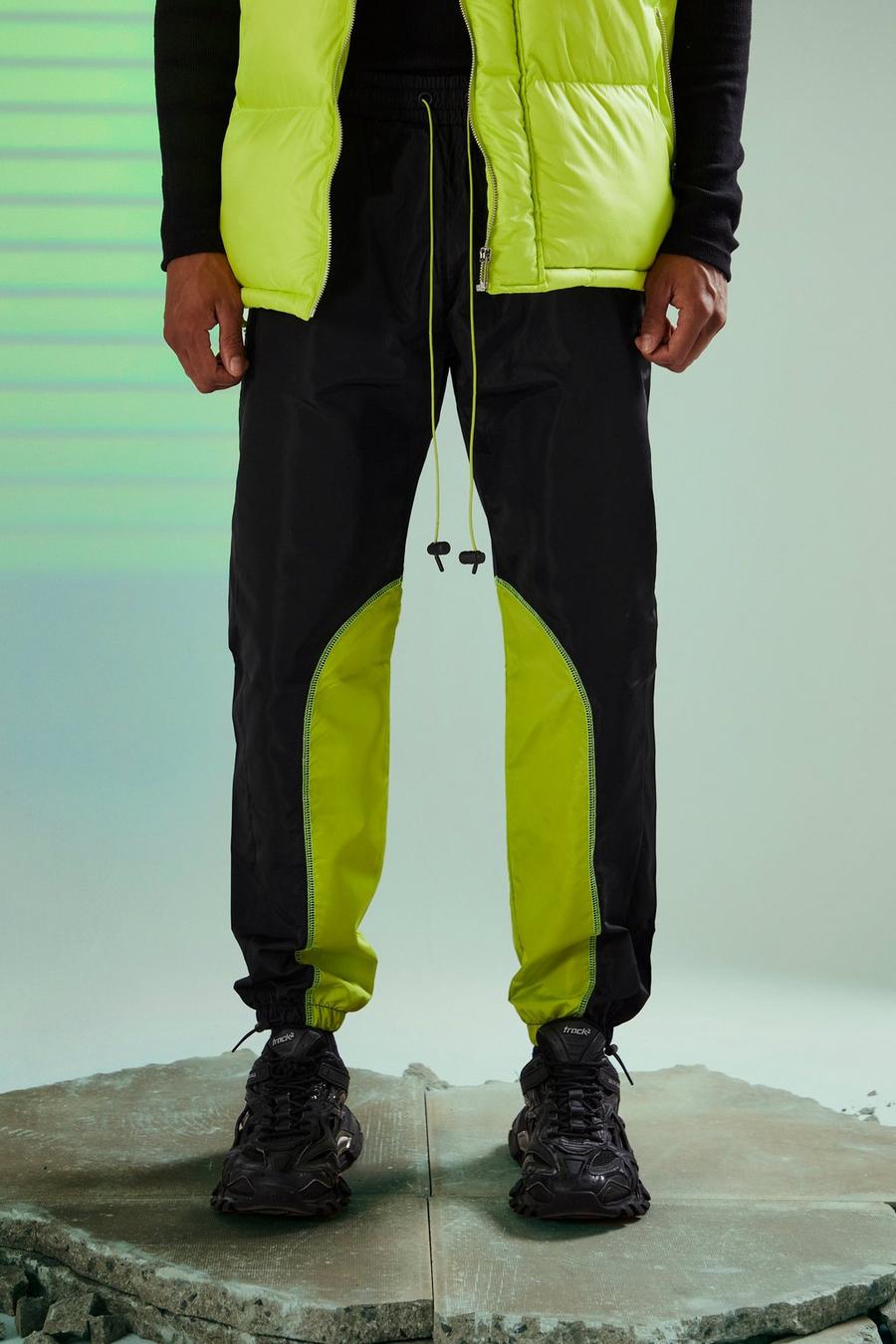 Pantalón deportivo ajustado con cintura elástica y panel en contraste, Black