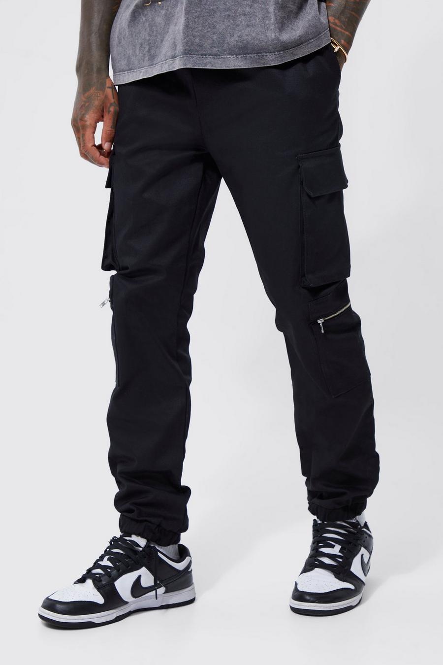 Pantalón con multibolsillos cargo, cintura elástica y cremallera, Black
