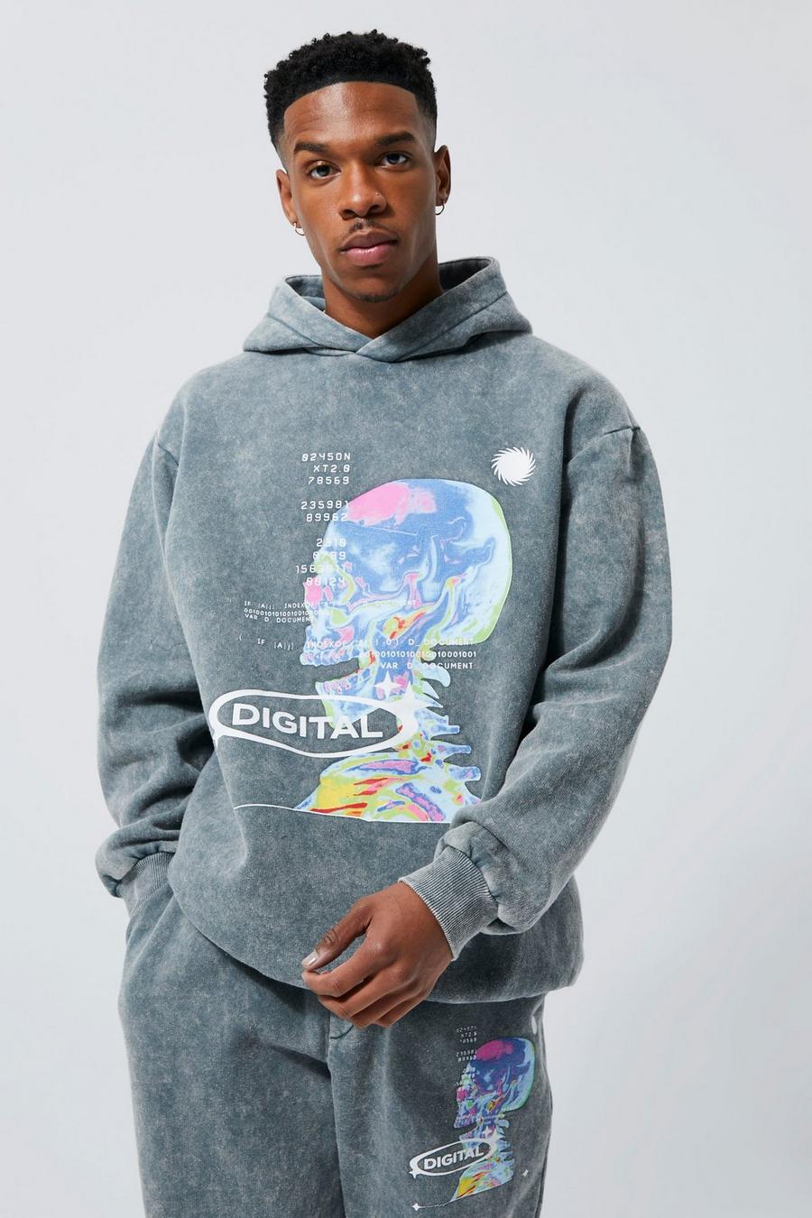 Charcoal Oversized Washed Graphic Hoodie