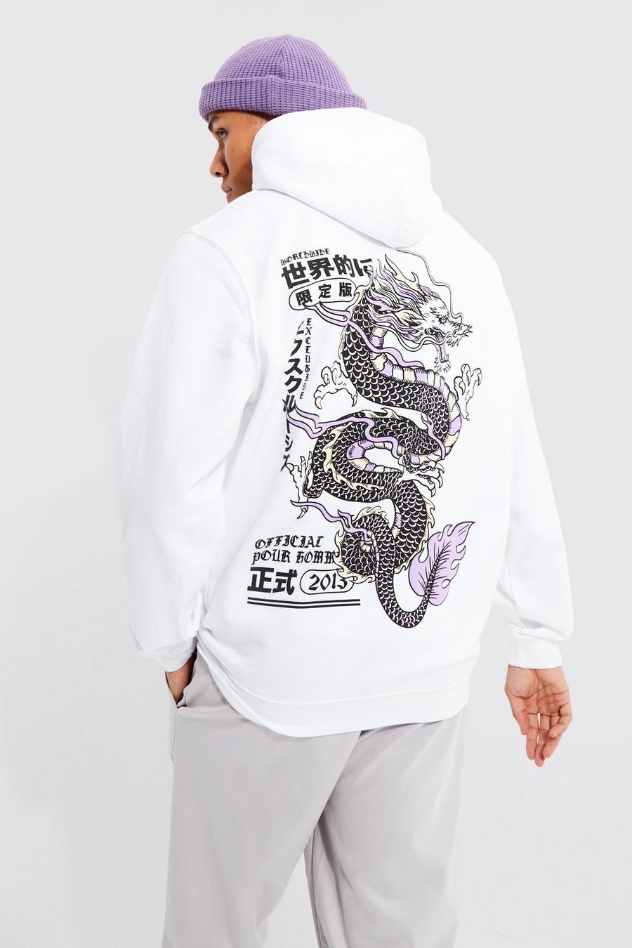 Tall Hoodie mit Drachen-Print, White