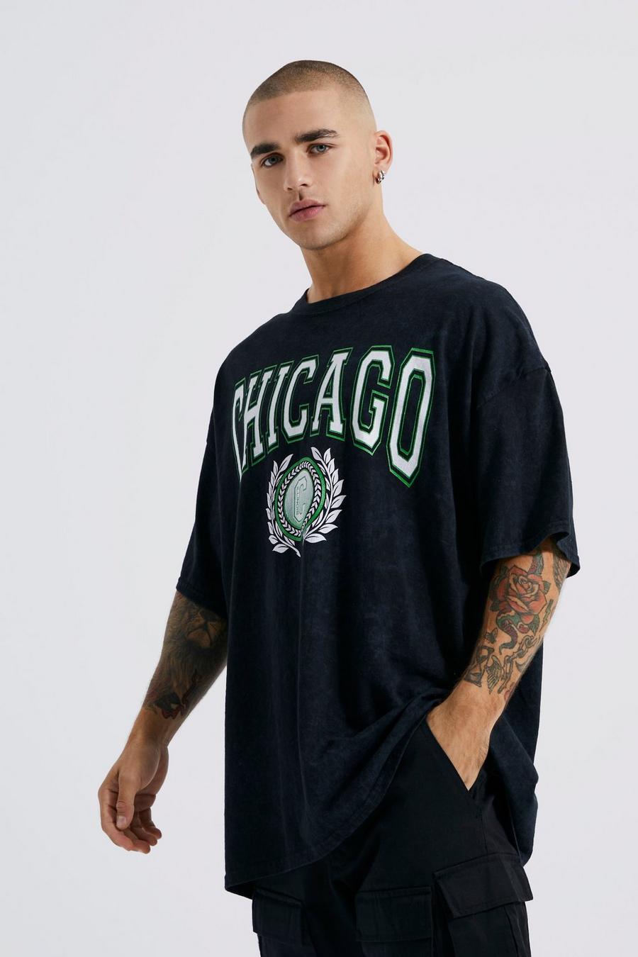 T-shirt oversize slavata con stampa Chicago, Charcoal