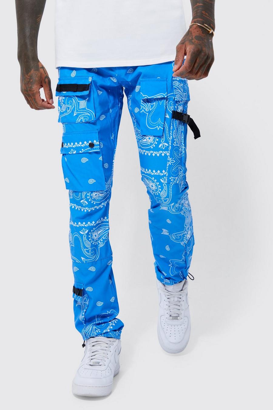 Blue Slim Fit Bandana Print Cargo Broek Met Elastische Taille