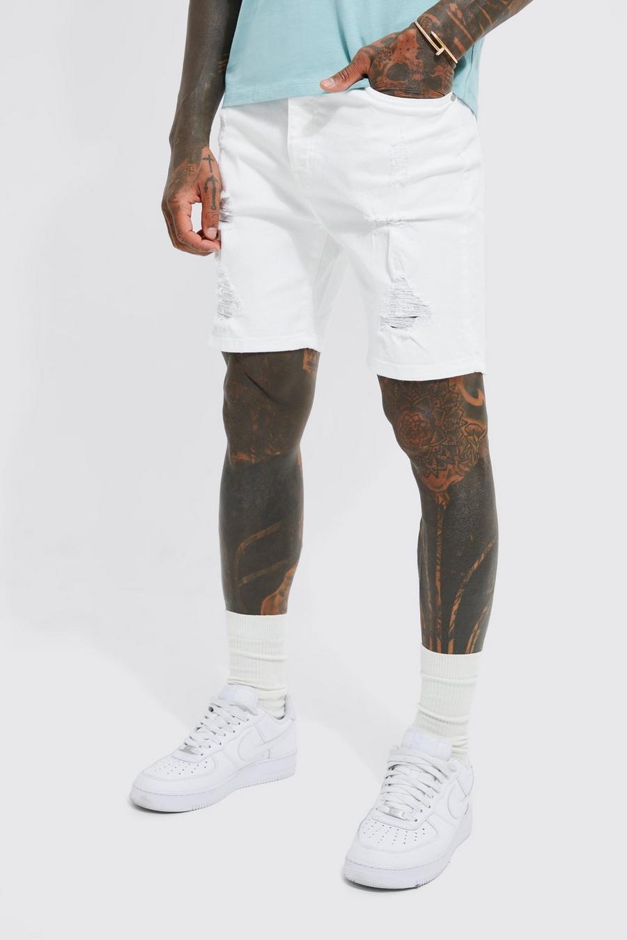 White Skinny Stretch Distressed Denim Shorts