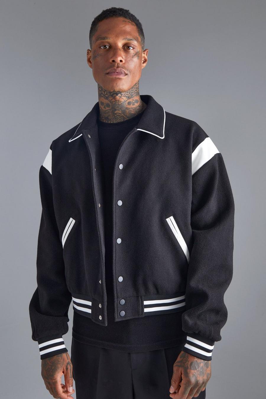 Black Boxy Melton Bomber With Contrast Trims image number 1