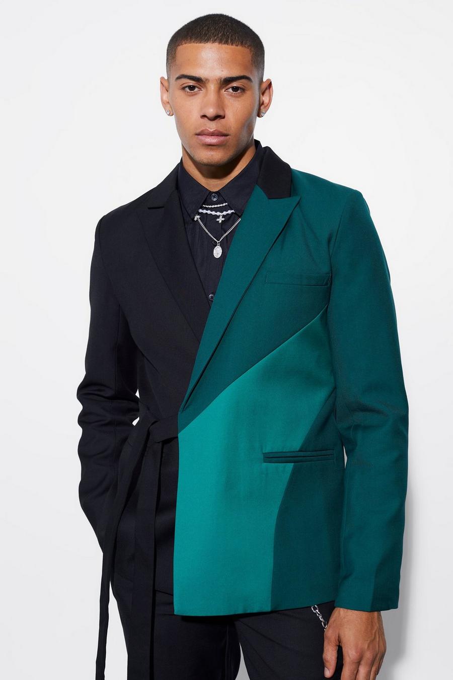 Green Slim Wrap Panel Suit Jacket