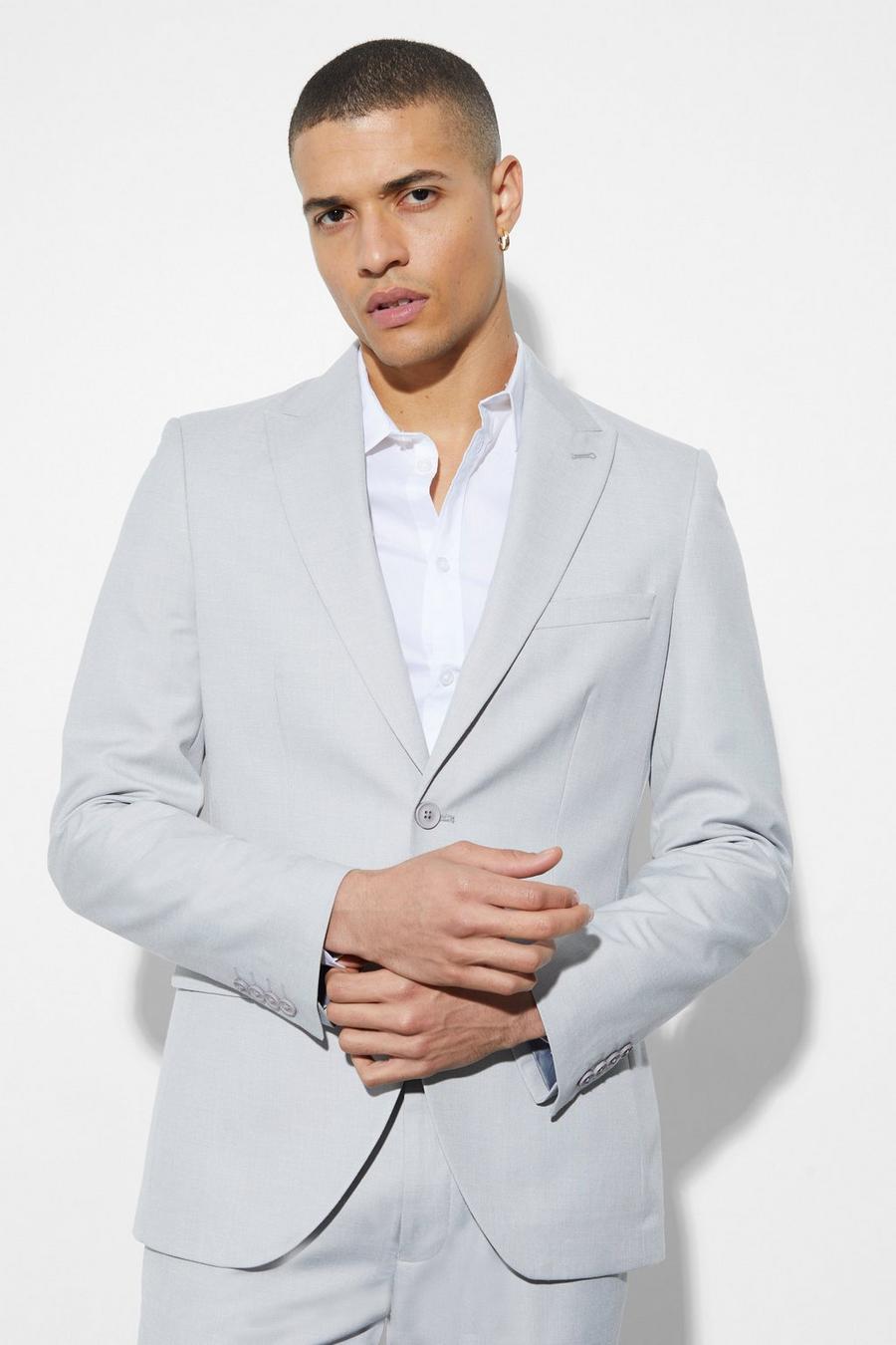 Chaqueta de traje ajustada de lino con botonadura, Light grey image number 1