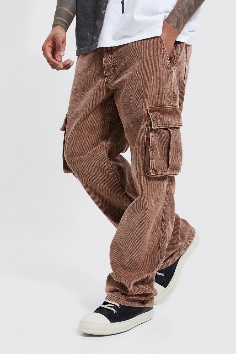 Chocolate Acid Wash Relaxed Fit Cargo Trousers image number 1