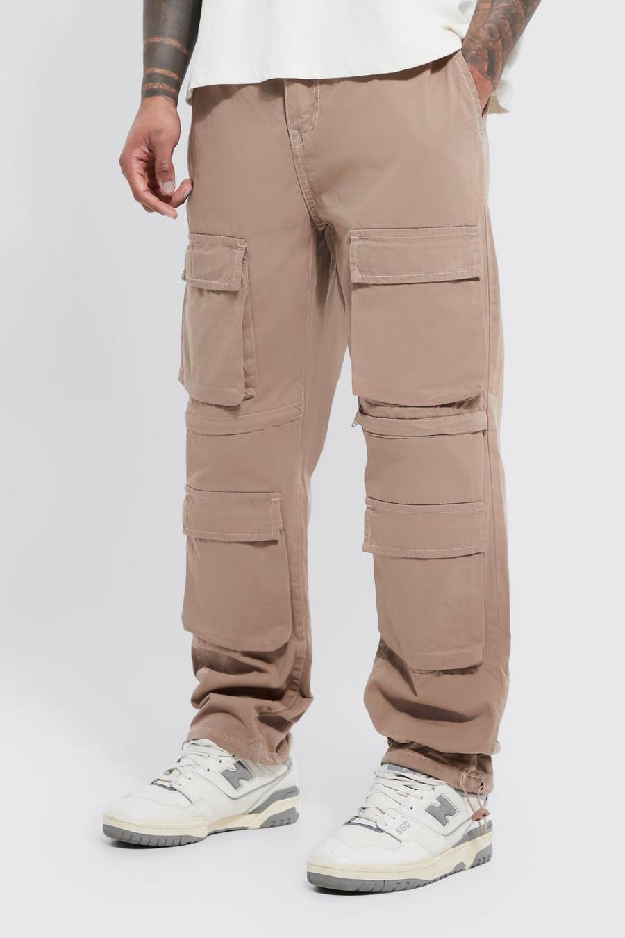 Stone Elasticated Waist Zip Detail Multi Pocket Straight Fit Cargo Trousers