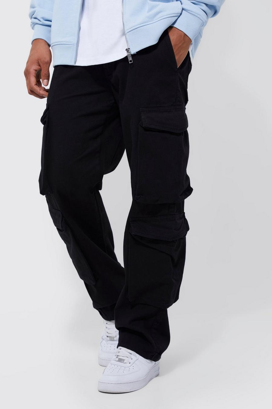 Black Fixed Waist Relaxed Peached Twill 3d Multi Pocket Cargo Pants