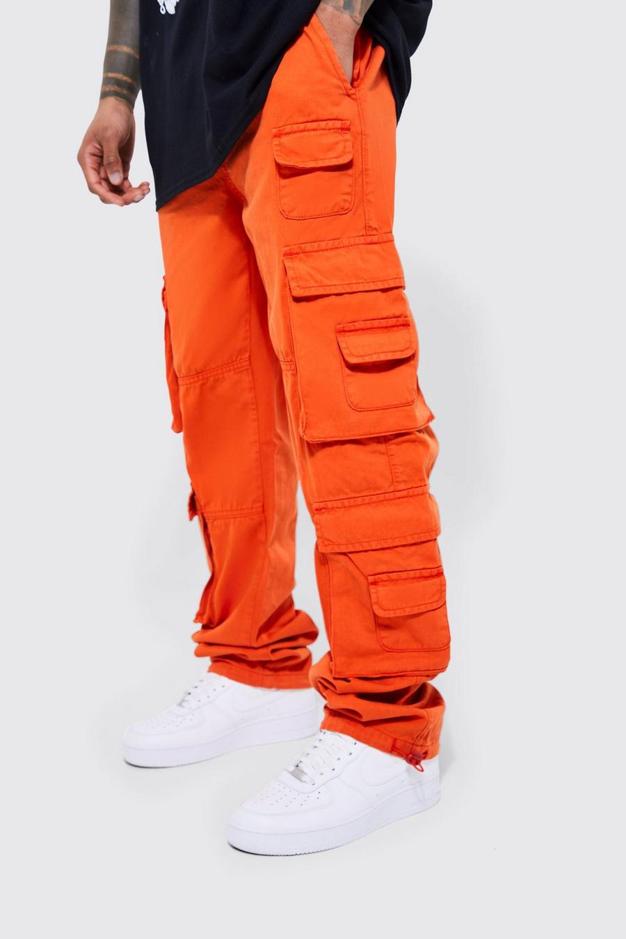 Orange Elastic Waist Extreme Pocket Straight Fit Cargo Trousers