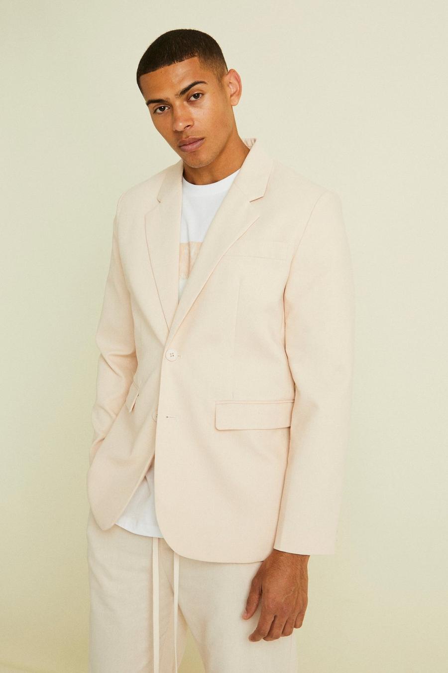 Natural Single Breasted Relaxed Linen Suit Jacket