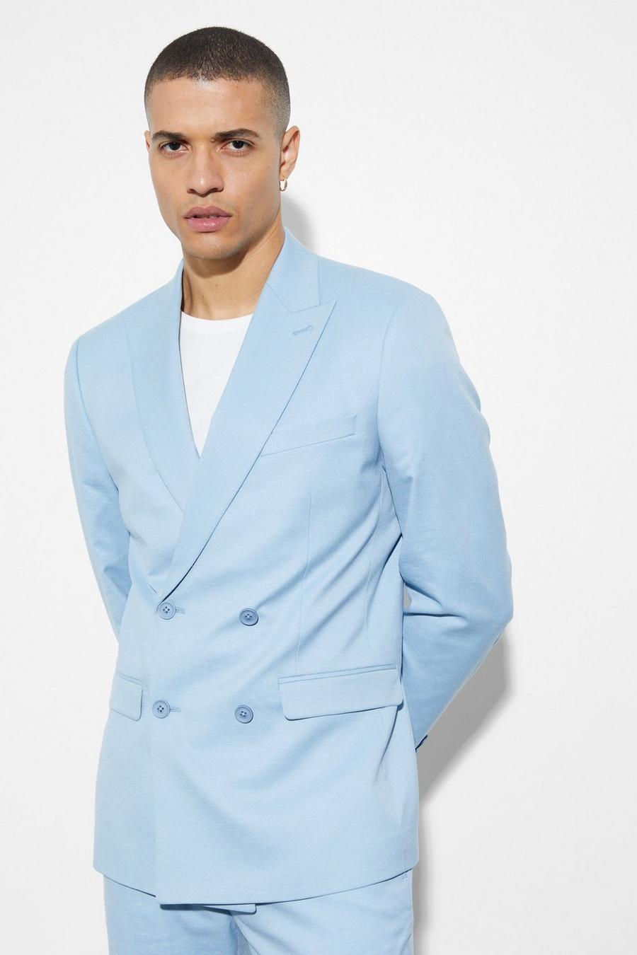 Light blue Slim Double Breasted Linen Suit Jacket