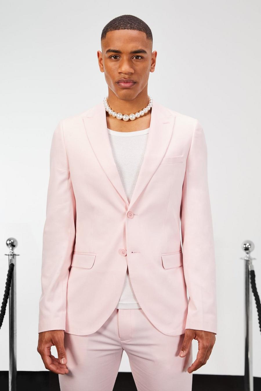 Chaqueta de traje ajustada de lino con botonadura, Light pink