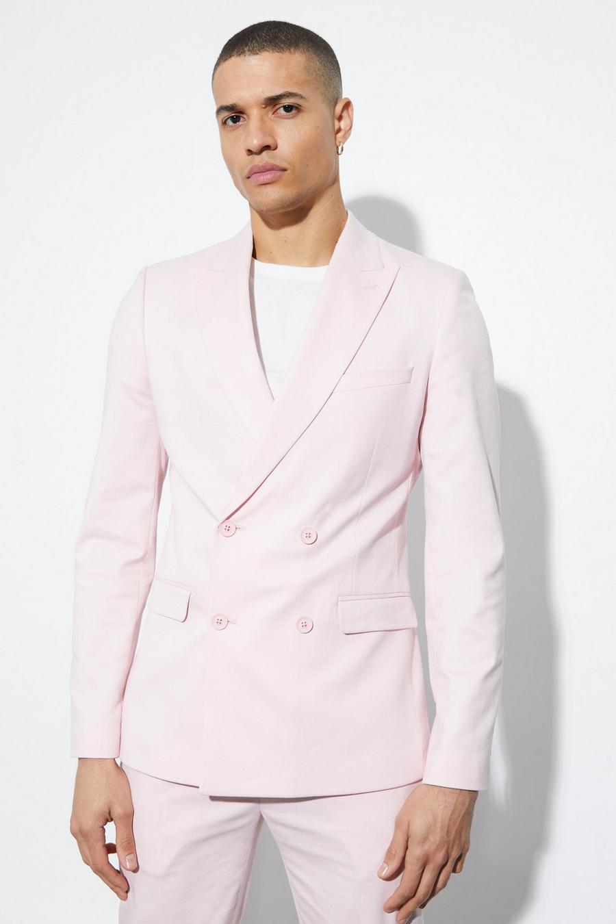 Chaqueta de traje ajustada de lino con botonadura doble, Light pink