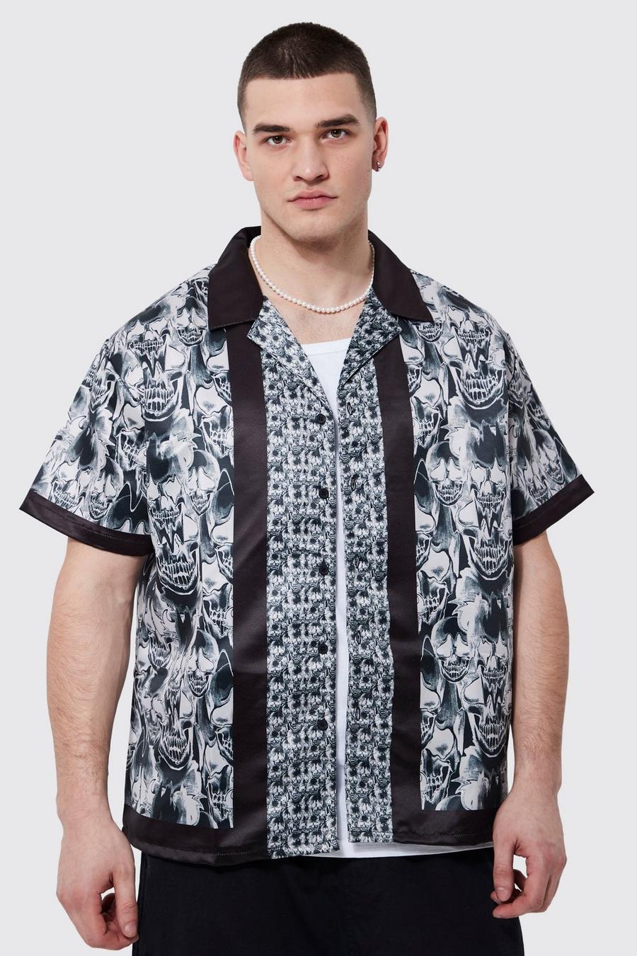 Tall kastiges Satin-Hemd mit Totenkopf-Print, Black