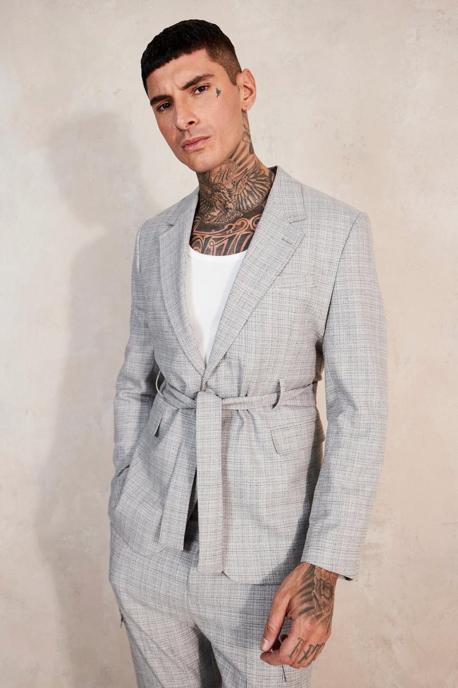 Grey Relaxed Tie Front Cargo Pocket Suit Jacket