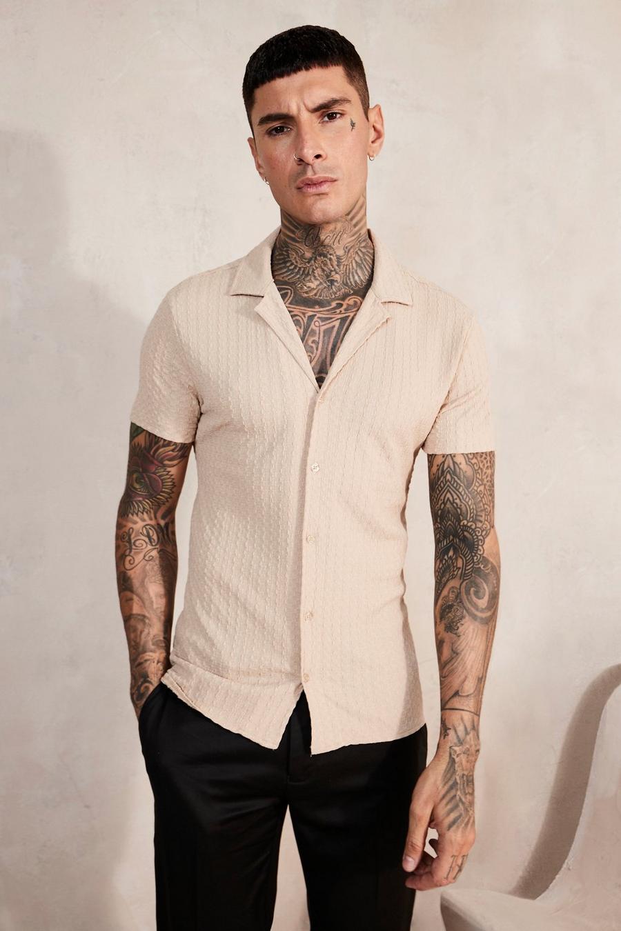 Taupe Short Sleeve Drop Revere Muscle Crinkle Shirt