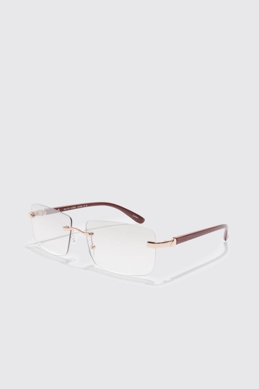 Gold Rimless Rectangle Lens Sunglasses