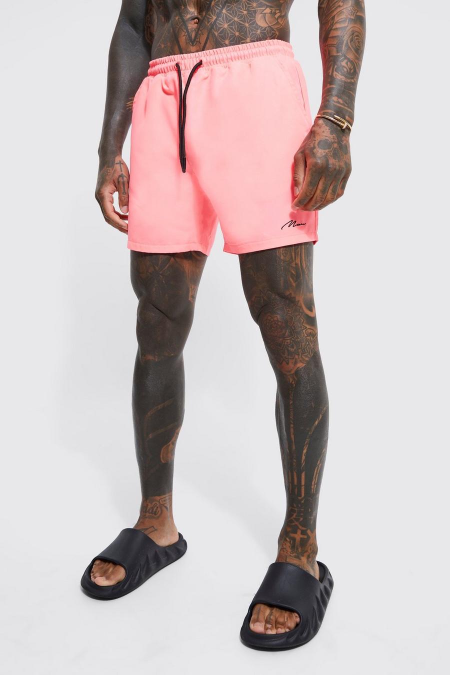 Neon-pink Man Signature Mid Length Swim Shorts image number 1